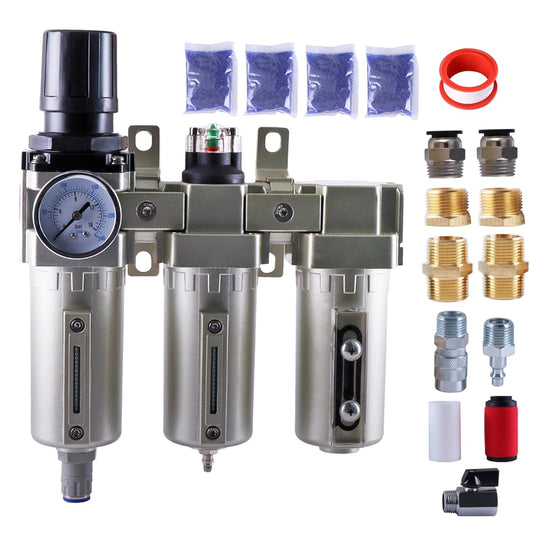 （Auto Drain）Industrial Grade Three Stage Air Drying System, Particulate Filter, Coalescing Filter, Desiccant Dryer and Air Regulator, 0-240 PSI