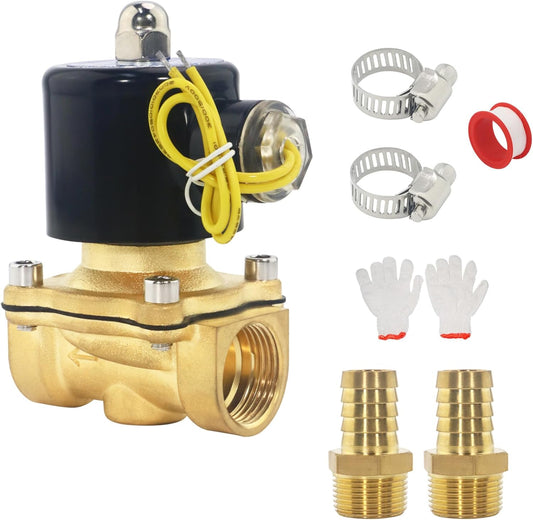 Brass Electric Solenoid Valve, 110V AC, Normally Closed, Includes of 2 Fittings,Tape, 2 Clamps, 1 Pair of Gloves for Non-potable Water, Air, Diesel