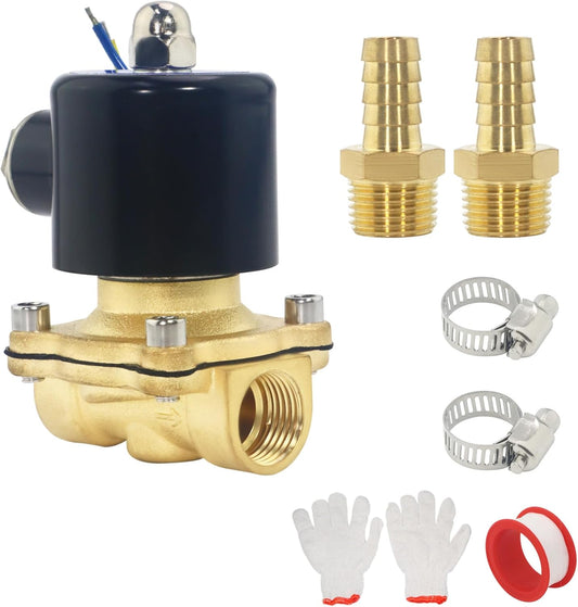 Brass Electric  Solenoid Valve, DC12V, Normally Closed for Water, Air, Gas, Fuel, Oil, Includes of 2 Fittings, 1 Tape, 2 Clamps, 1 Pair of Gloves