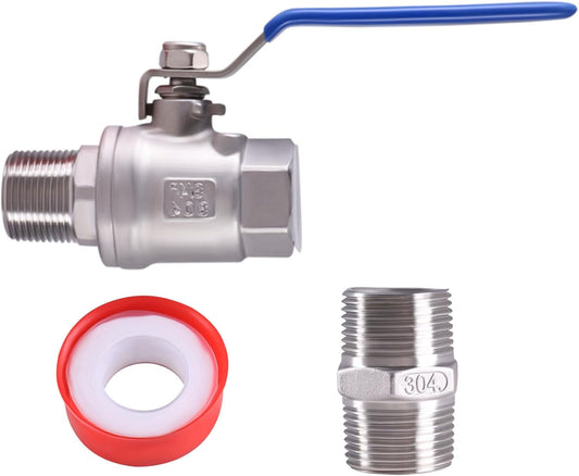 Full Port Ball Valve 3/4 Inch Male x Female Stainless Steel 304 Heavy Duty with Hex Nipple 3/4" Male x 3/4" Male Pipe Fitting and 1 m Tape for Water, Oil, and Gas,1000WOG (3/4 Inch NPT)