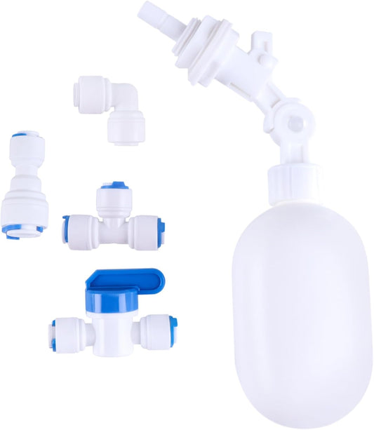 Tubing OD 3/8&1/4 inch Float Shut Off Valve Angle Adjustable Quick Connect Valve RO Tube Compatible Valve, Plastic Float Valve Shut Off Float Switch for Water Purification and RO System
